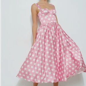 Pink Polka Dot Midi Dress with Sweetheart Bodice